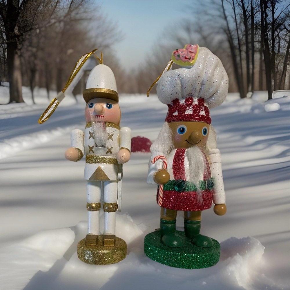 Handcrafted Wooden Nutcracker Ornaments Set of 2 Glittery Christmas NWT Gift